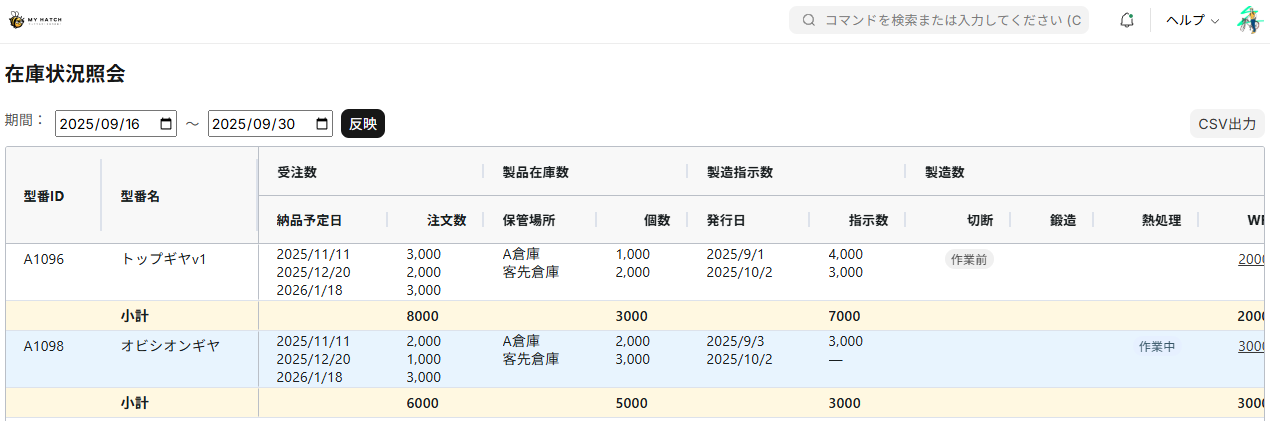 Excelライクな在庫状況照会画面