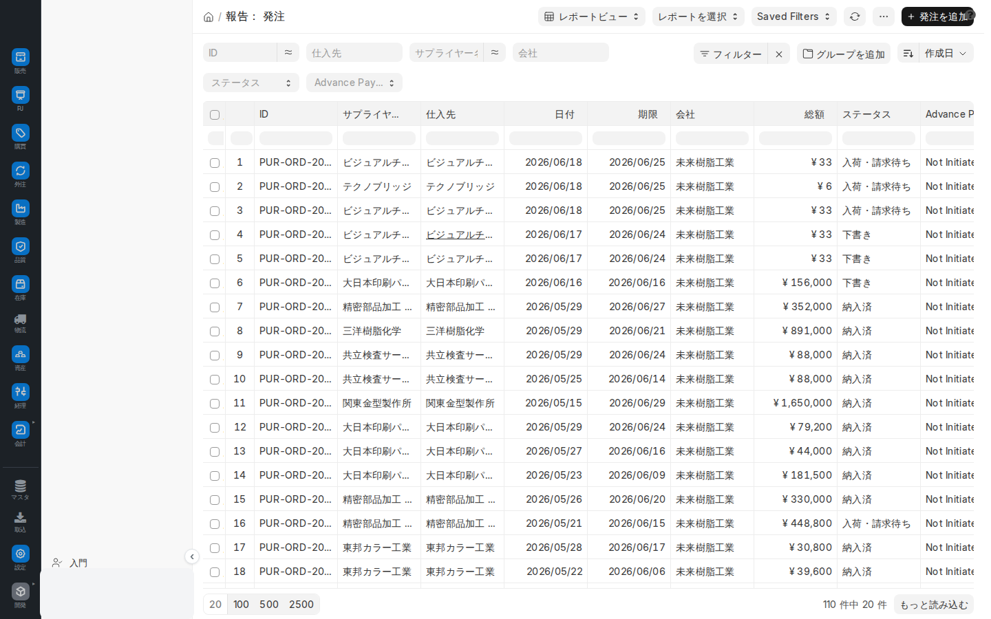一覧のフィルタとグループ化で「仕入先別の件数・金額」を集計する